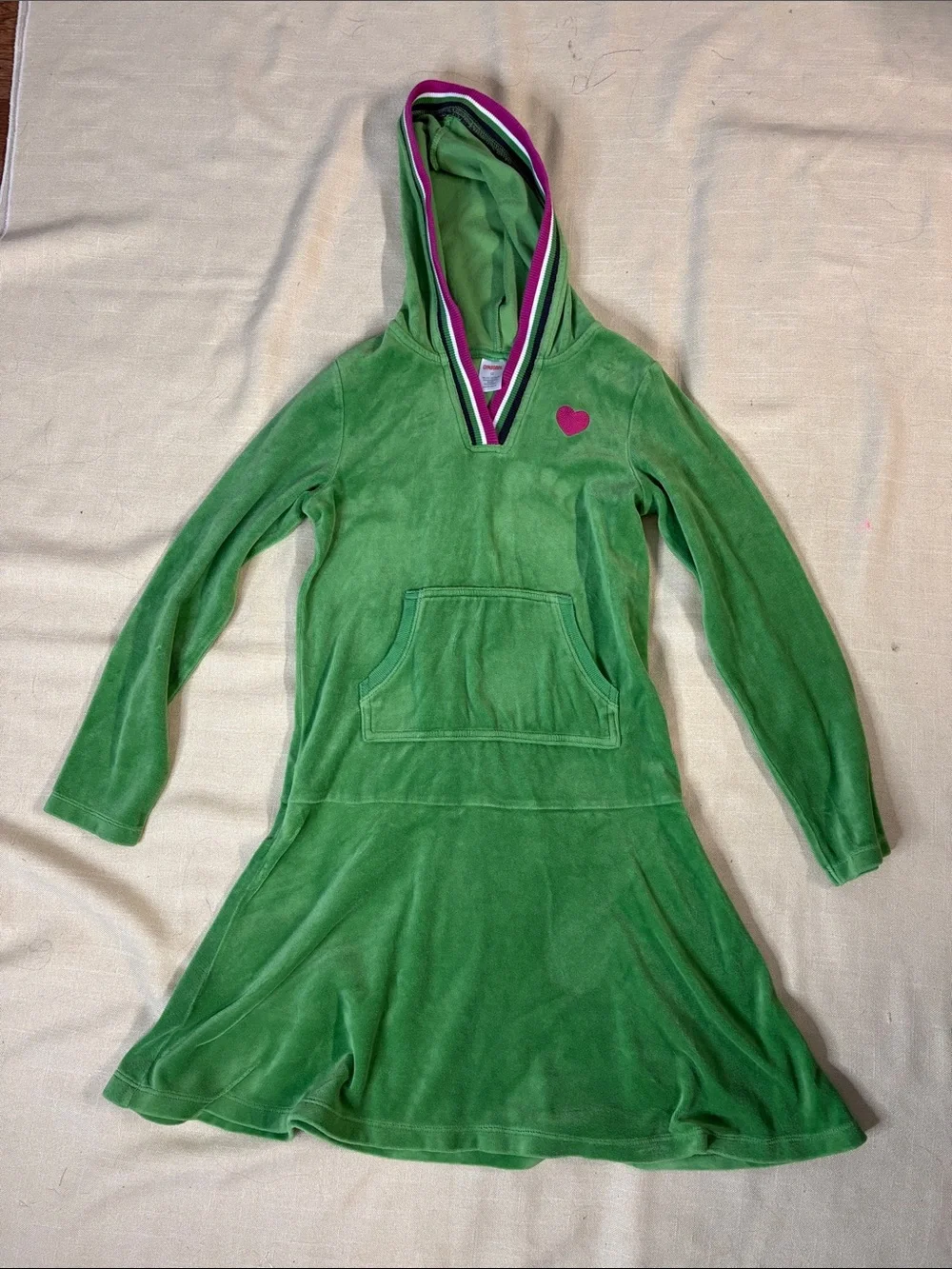 Gymboree Green Velour Hooded Dress with Pink Heart Detail